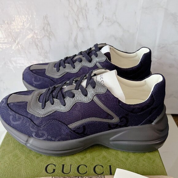 Gucci Rython GG Logo Monogram Mens Sneaker Blue Canvas Leather UK 10/ US 10.5 - Picture 2 of 13